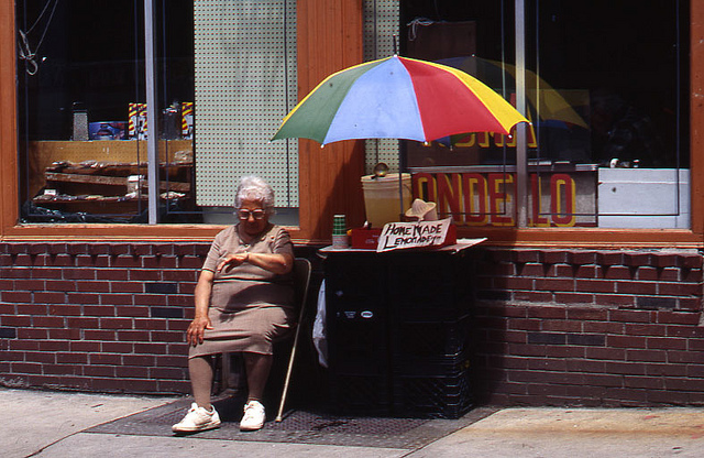 A woman selling lemonade in the North End of Boston